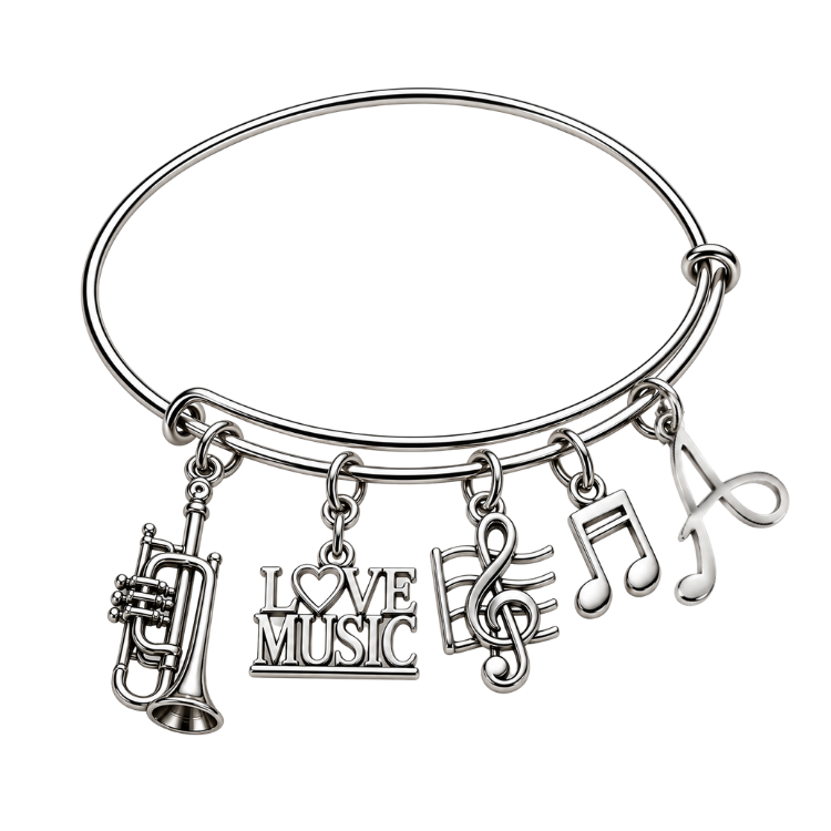 Personalized Music Instruments Charm Bangle Bracelet with Initial