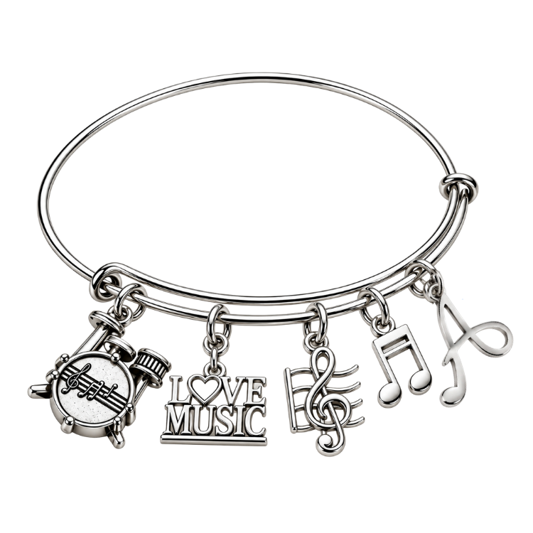 Personalized Music Instruments Charm Bangle Bracelet with Initial