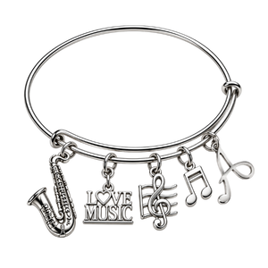 Personalized Music Instruments Charm Bangle Bracelet with Initial