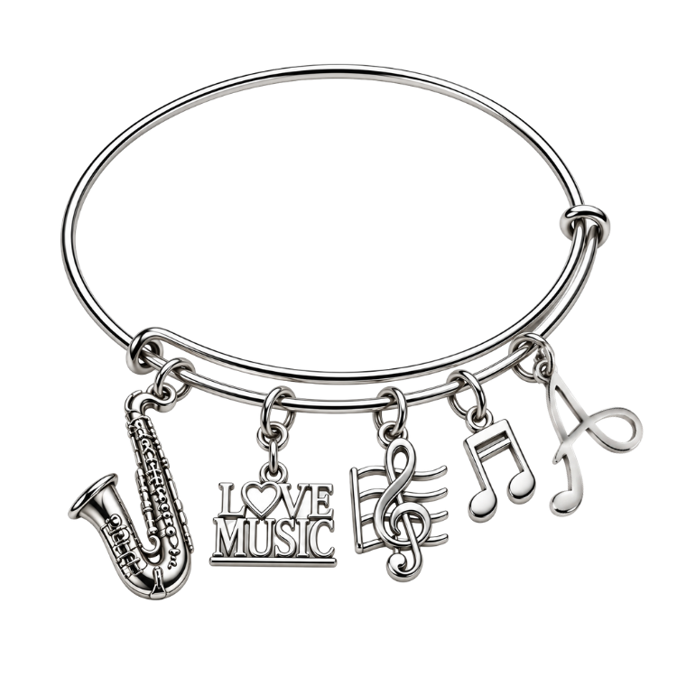 Personalized Music Instruments Charm Bangle Bracelet with Initial