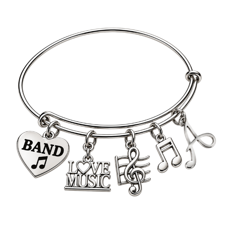 Personalized Music Instruments Charm Bangle Bracelet with Initial