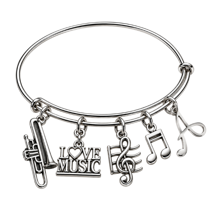 Personalized Music Instruments Charm Bangle Bracelet with Initial