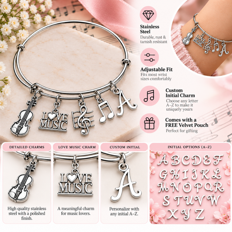 Personalized Music Instruments Charm Bangle Bracelet with Initial