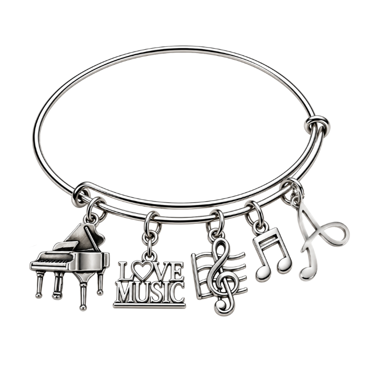 Personalized Music Instruments Charm Bangle Bracelet with Initial