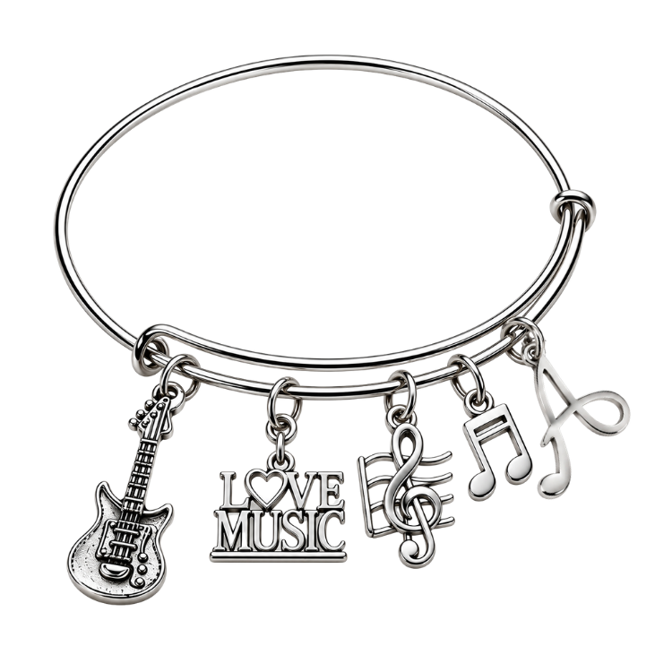 Personalized Music Instruments Charm Bangle Bracelet with Initial
