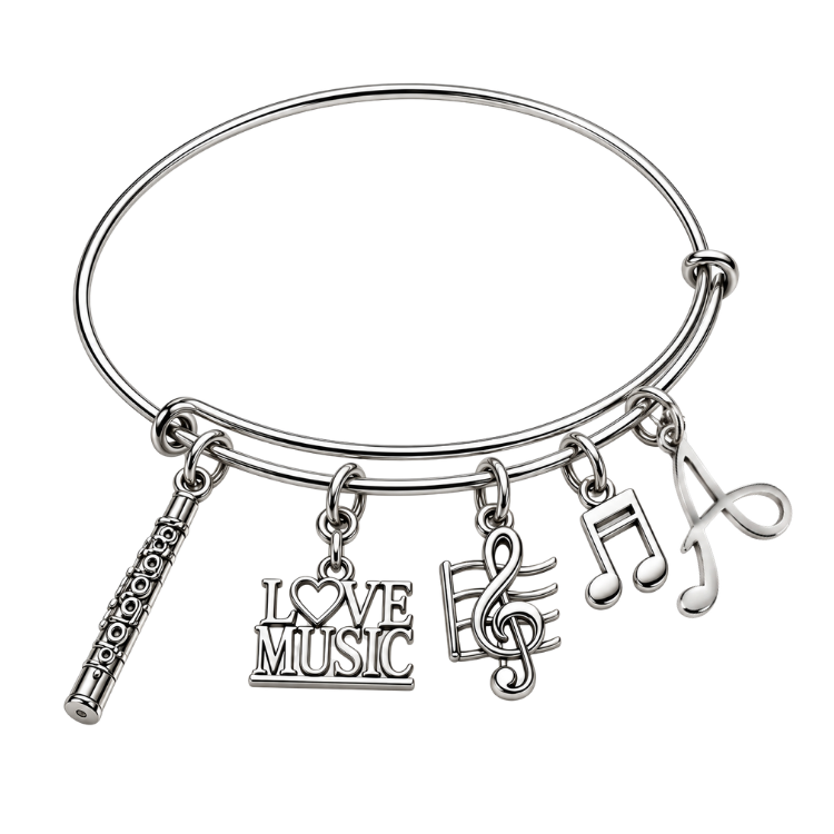 Personalized Music Instruments Charm Bangle Bracelet with Initial