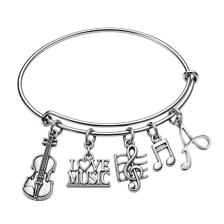 Personalized Music Instruments Charm Bangle Bracelet with Initial