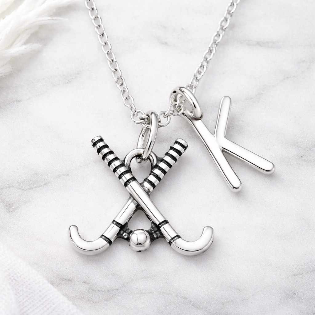 Personalized Field Hockey Stick Necklace with Letter Charm