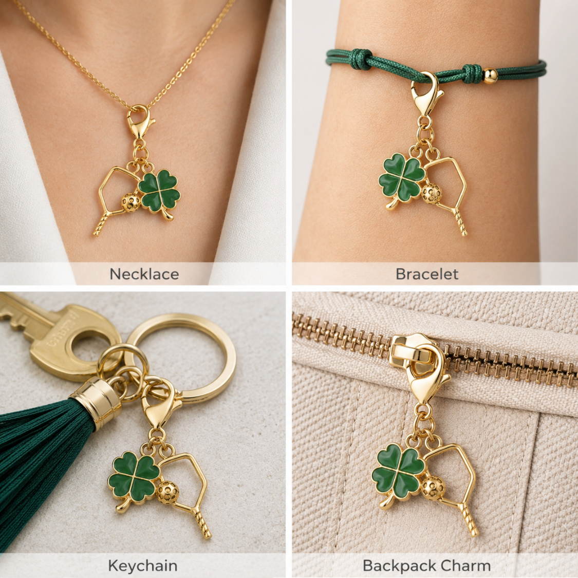 Pickleball Four Leaf Clover Lucky Gold Clip on Charm