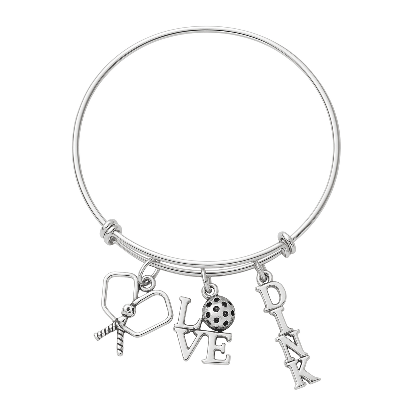 Expandable silver bangle bracelet with silver-plated pickleball paddle, ball, and LOVE letter charms