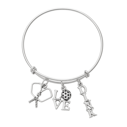 Expandable silver bangle bracelet with silver-plated pickleball paddle, ball, and LOVE letter charms