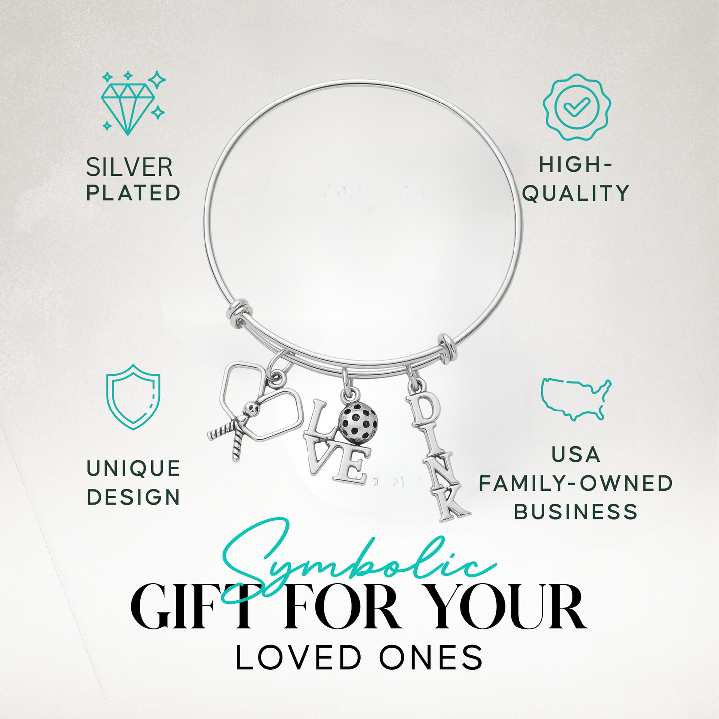 Pickleball charm bangle bracelet packaged with gift tag for players and coaches