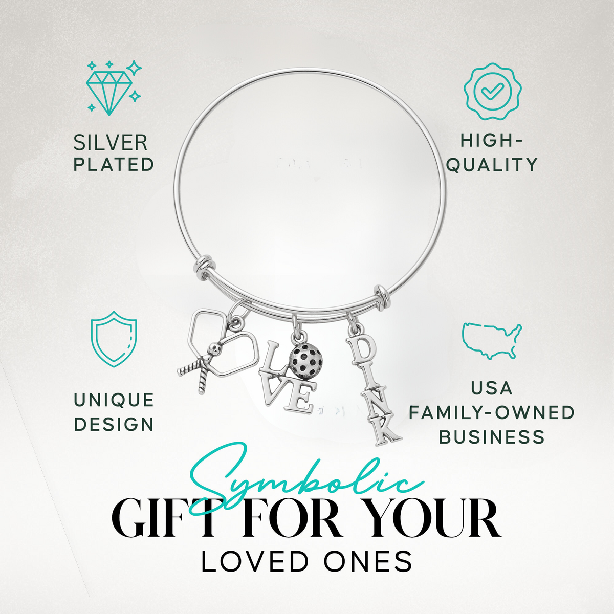 Pickleball charm bangle bracelet packaged with gift tag for players and coaches