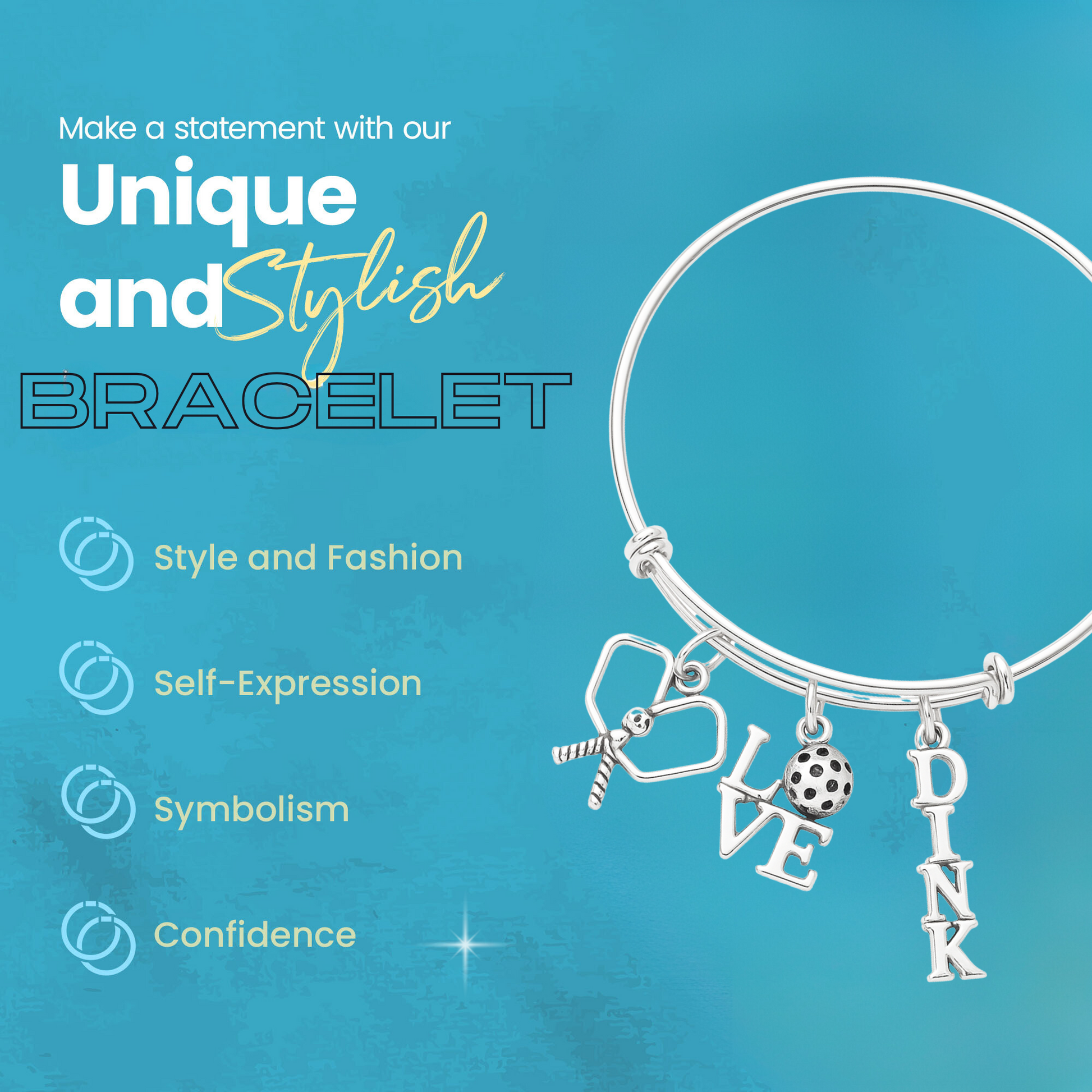 Expandable pickleball charm bracelet with paddle and ball charms styled with sports accessories