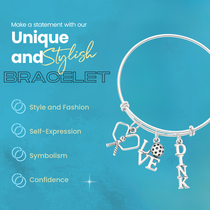 Expandable pickleball charm bracelet with paddle and ball charms styled with sports accessories