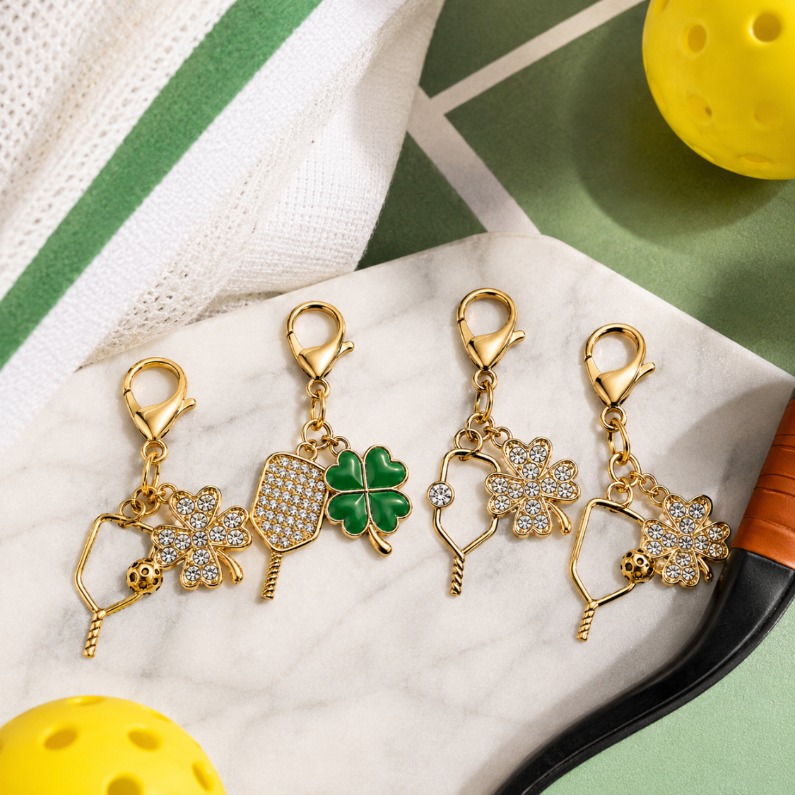 Sports Four Leaf Crystal Clover Lucky Clip on Charm - Gold