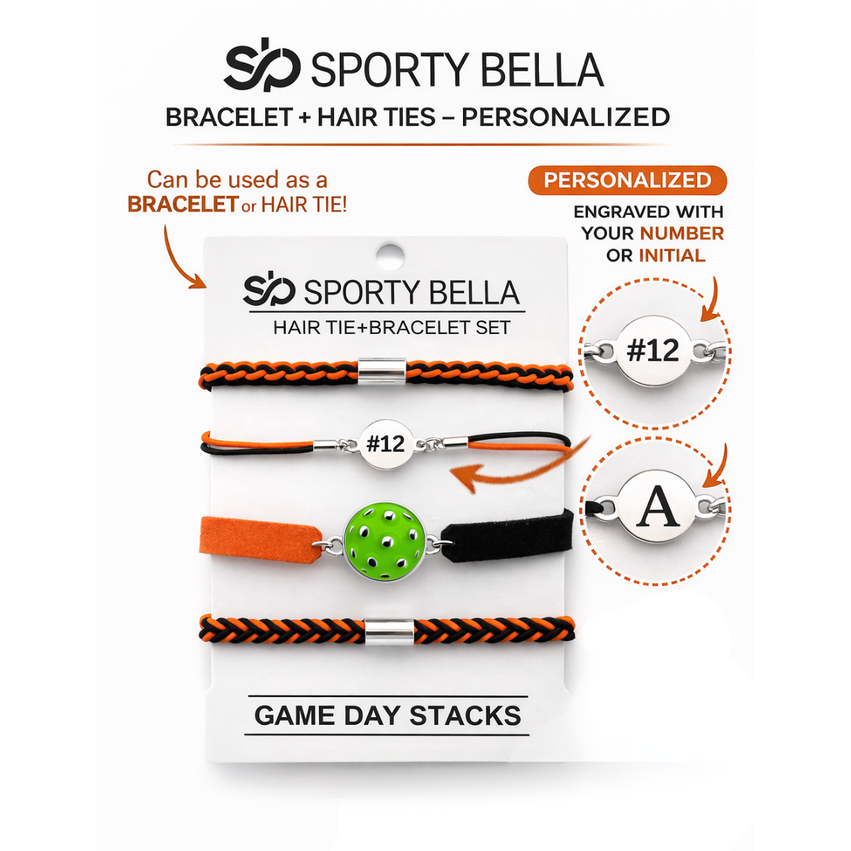 Personalized Pickleball Hair Tie Bracelet Sets