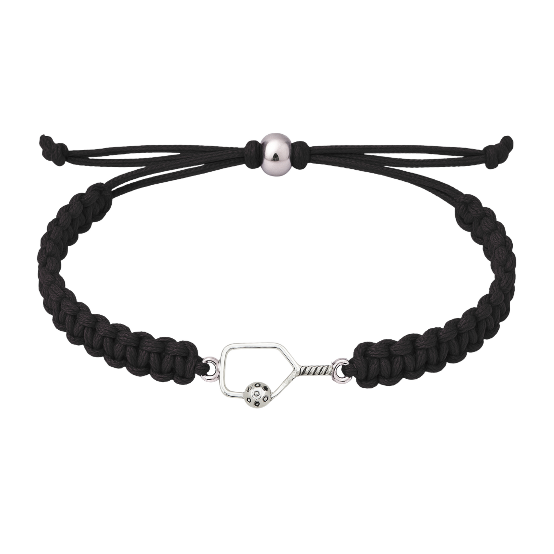 Black rope bracelet featuring silver pickleball paddle charm, laid flat
