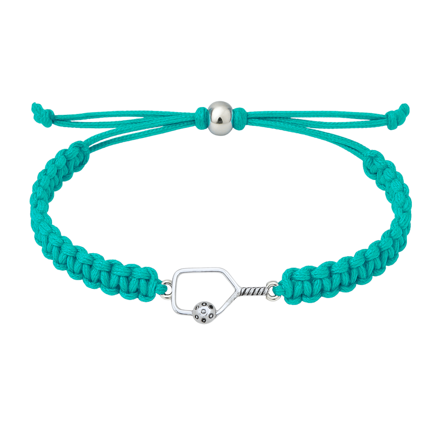 Teal blue bracelet with shiny pickleball paddle charm centered