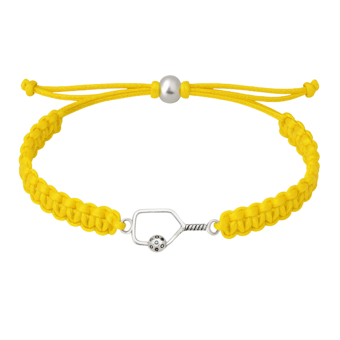 Bright yellow bracelet featuring a silver pickleball paddle charm