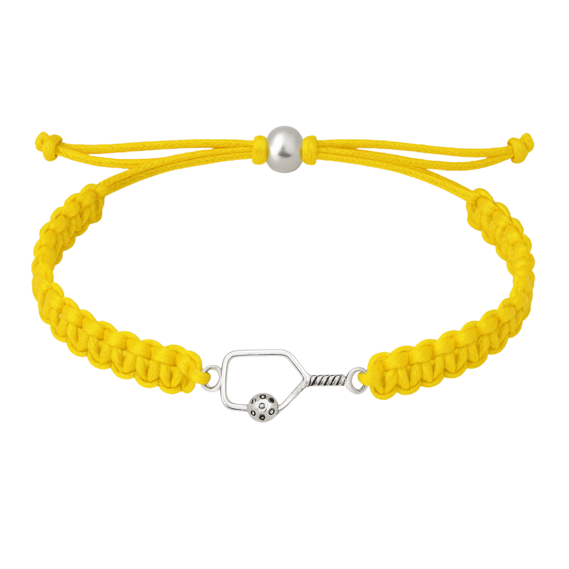 Bright yellow bracelet featuring a silver pickleball paddle charm