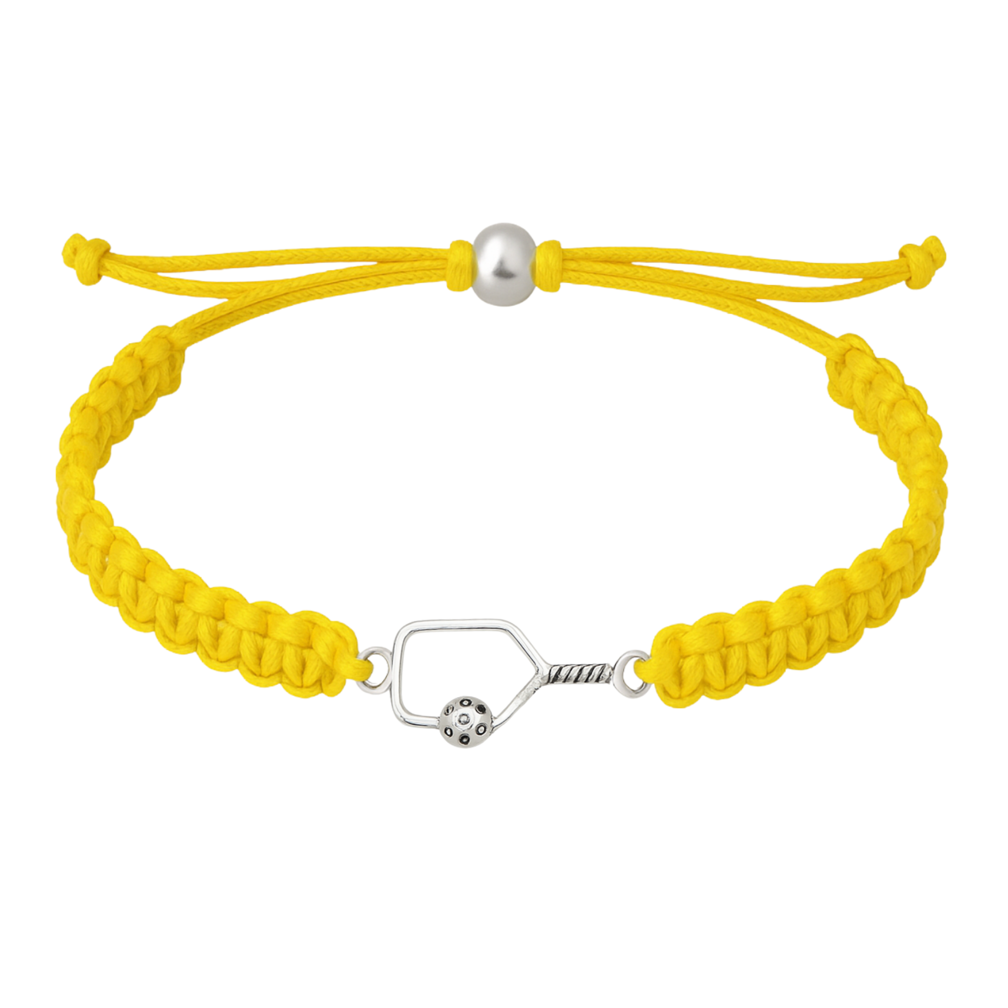 Bright yellow bracelet featuring a silver pickleball paddle charm