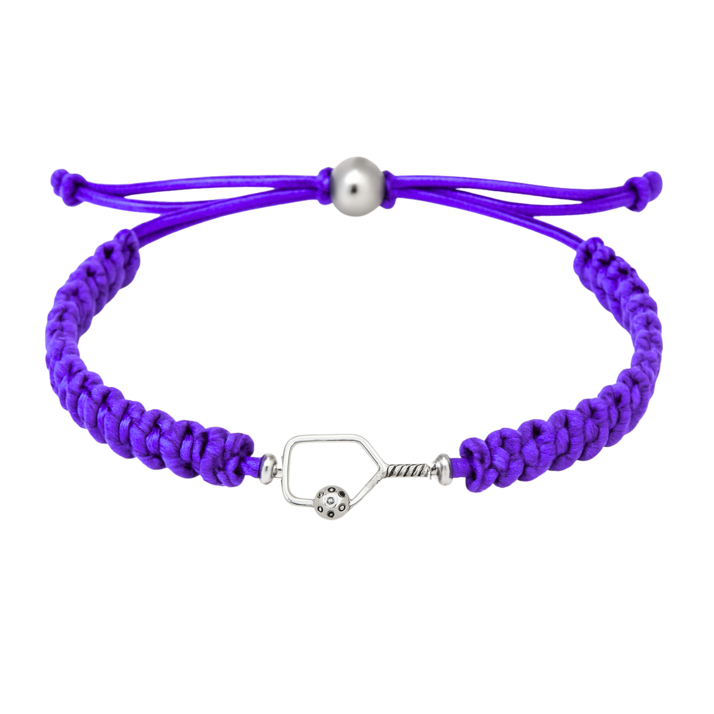 Purple bracelet with a silver pickleball paddle charm on white background