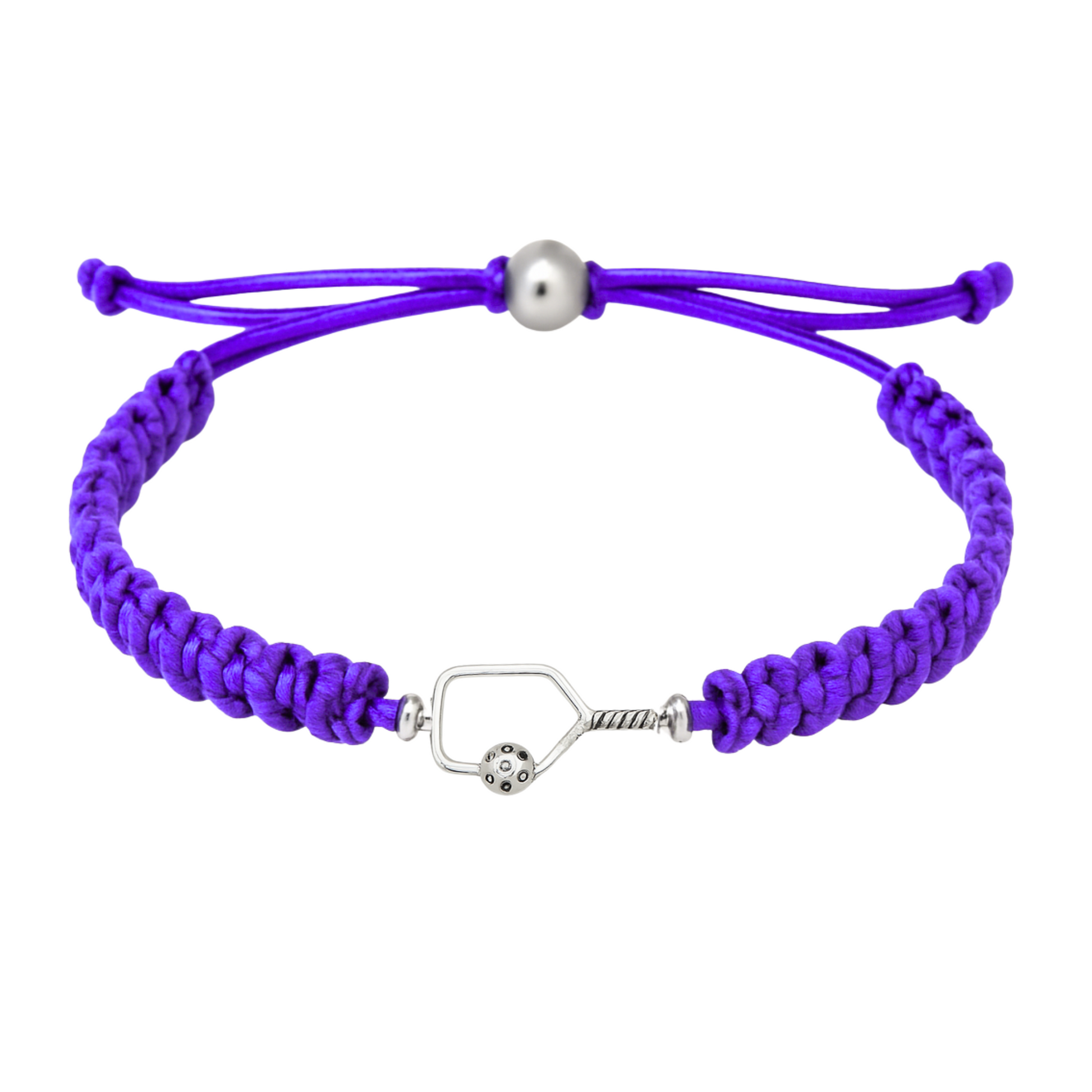 Purple bracelet with a silver pickleball paddle charm on white background