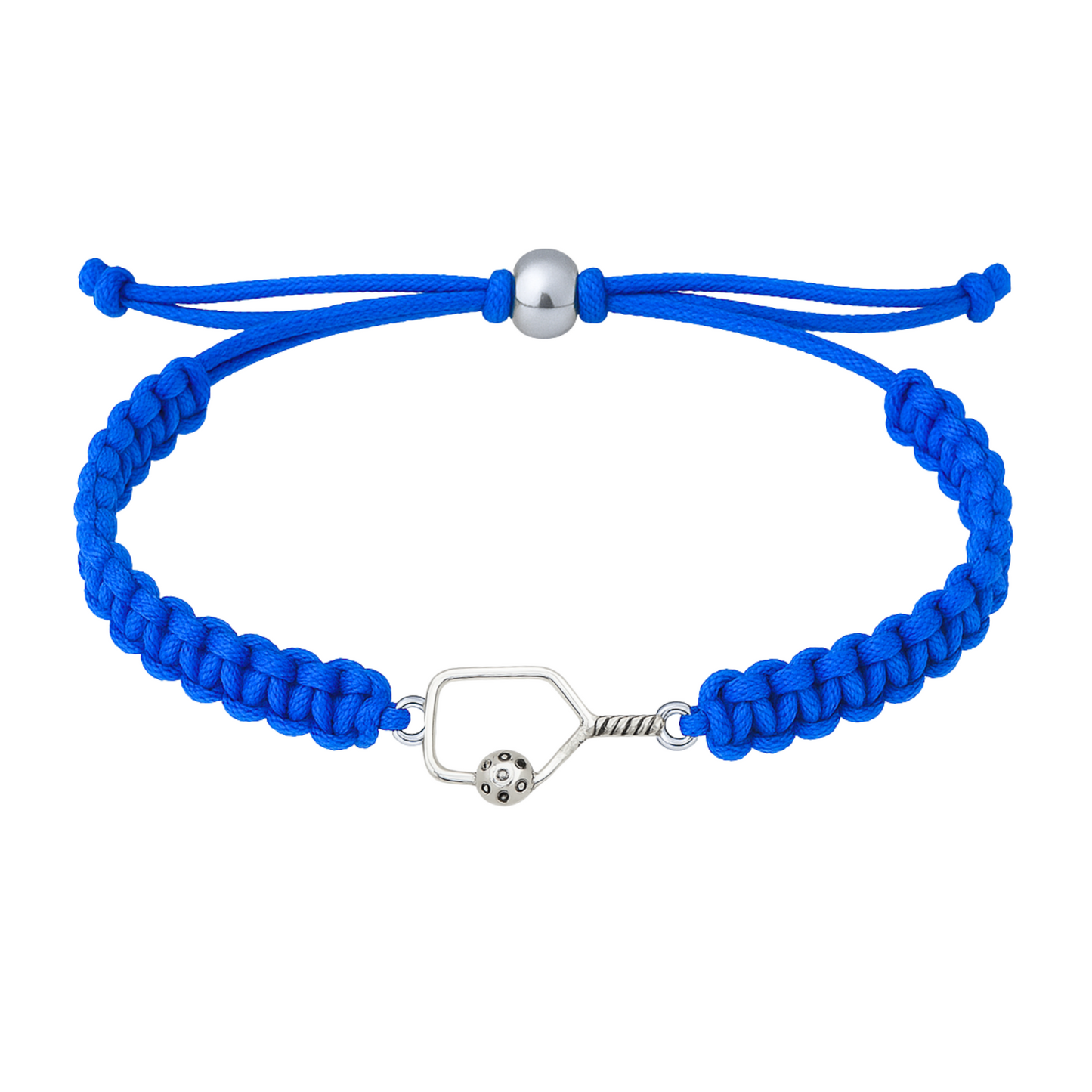 Blue bracelet with a silver pickleball paddle charm laid flat