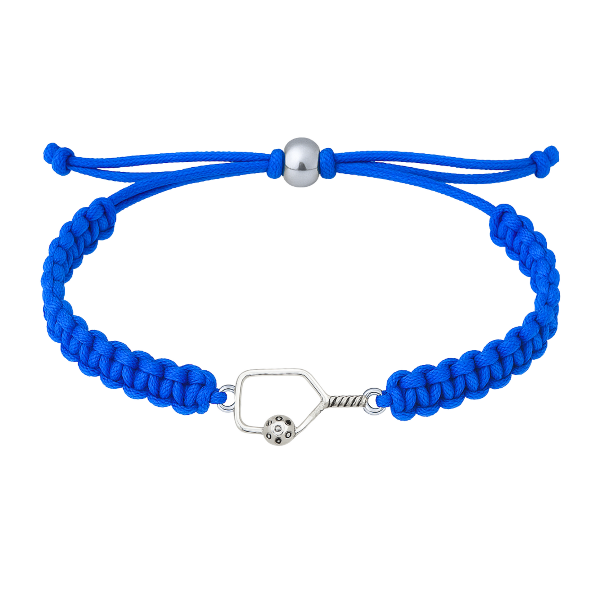 Blue bracelet with a silver pickleball paddle charm laid flat