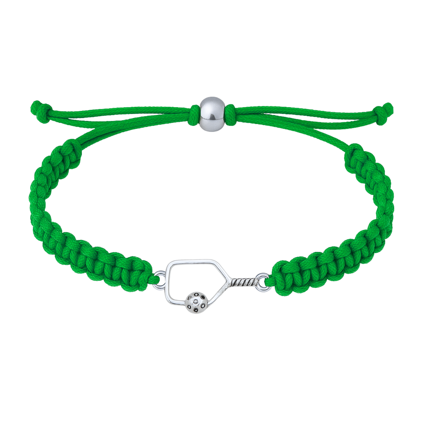 Green bracelet with polished silver pickleball paddle charm