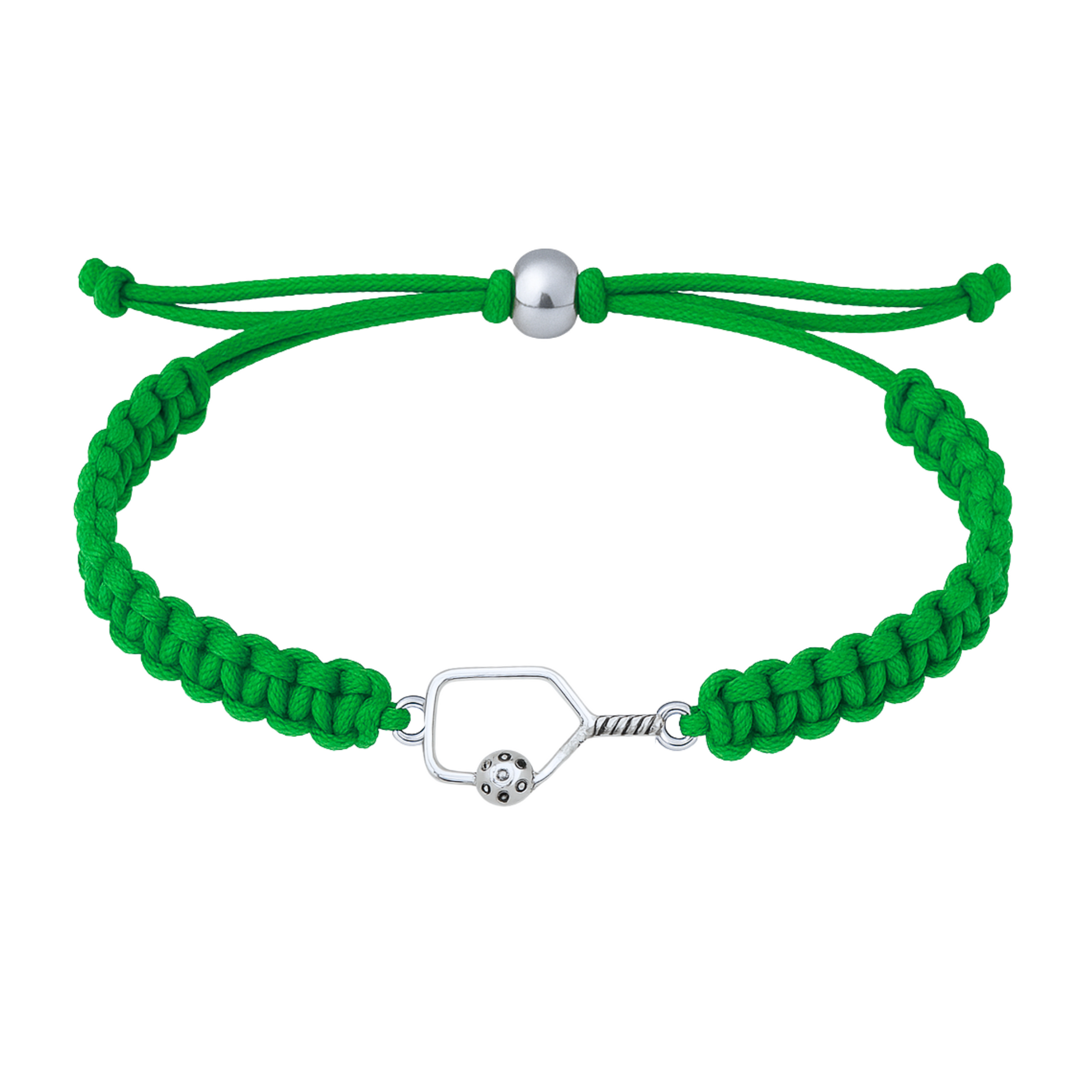 Green bracelet with polished silver pickleball paddle charm