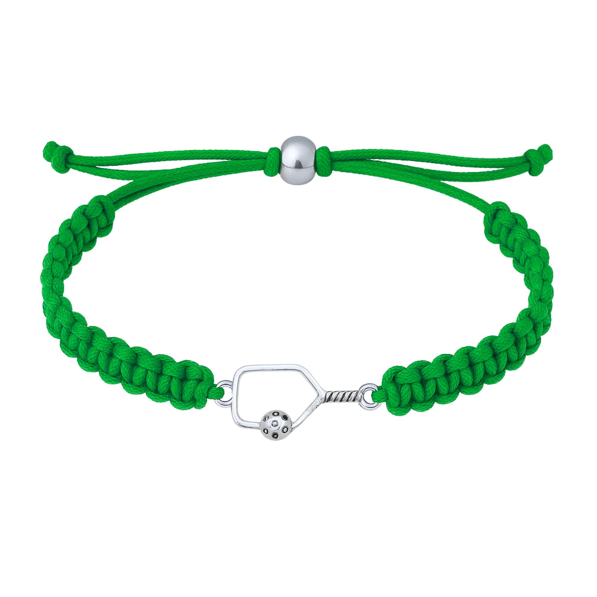 Green bracelet with polished silver pickleball paddle charm