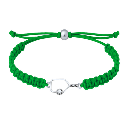 Green bracelet with polished silver pickleball paddle charm