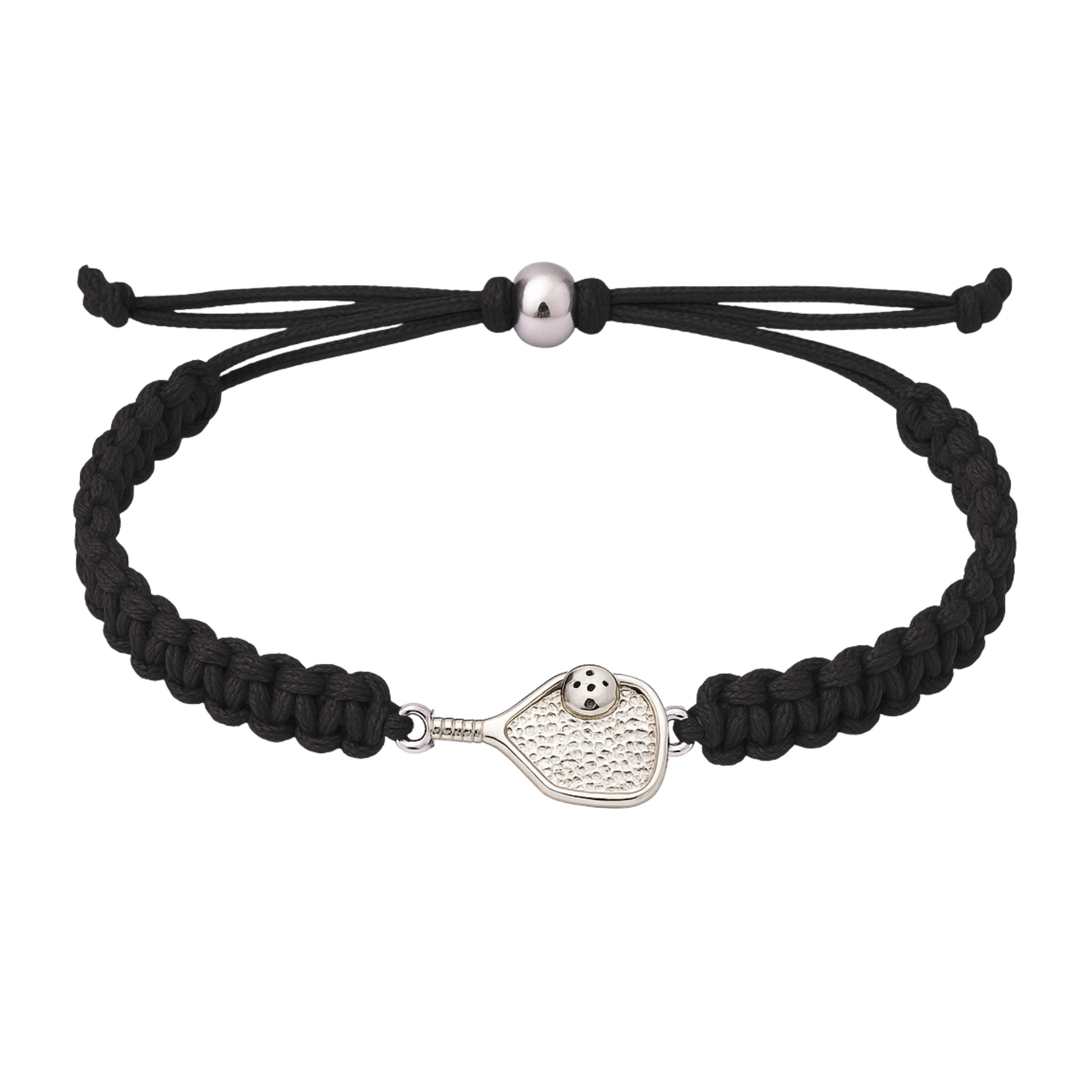 Black and white pickleball rope bracelets with paddle charms, adjustable for youth or adult sizes.