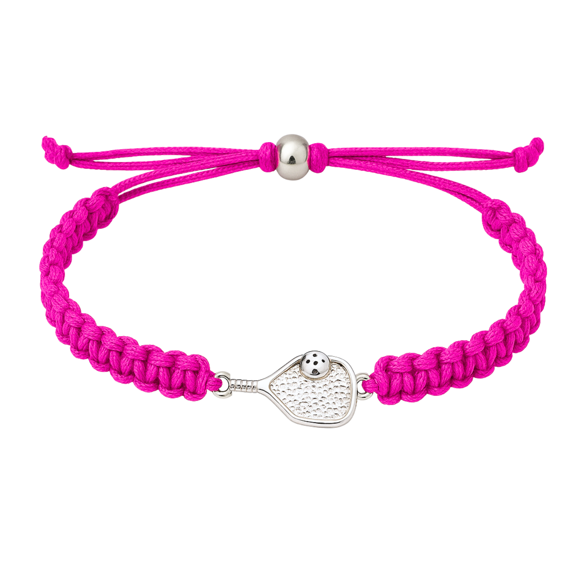 Hot pink braided pickleball bracelet with silver paddle charm, stylish accessory for players and fans.