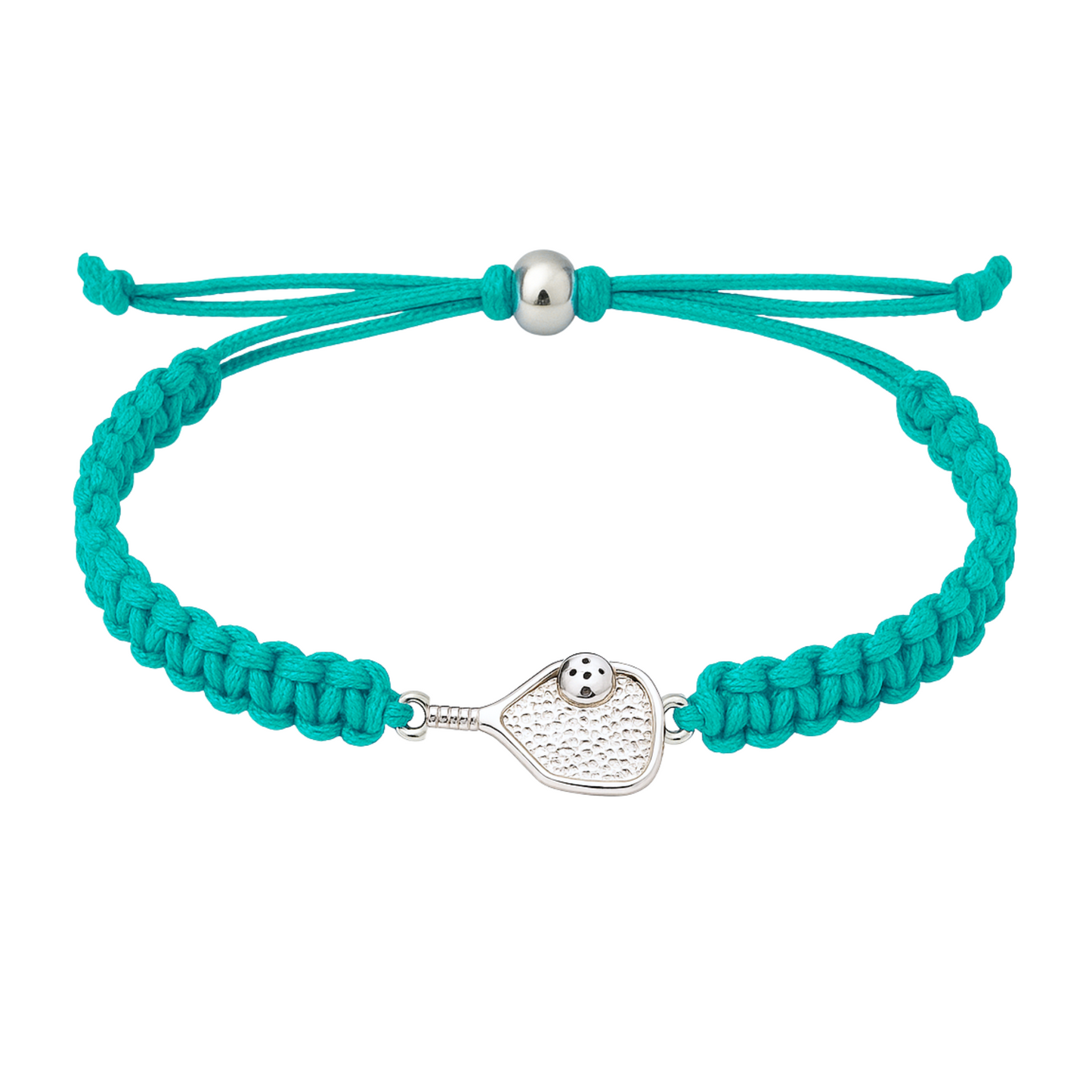 Aqua blue pickleball bracelet with paddle charm and slip knot closure, ideal for tournament gifts