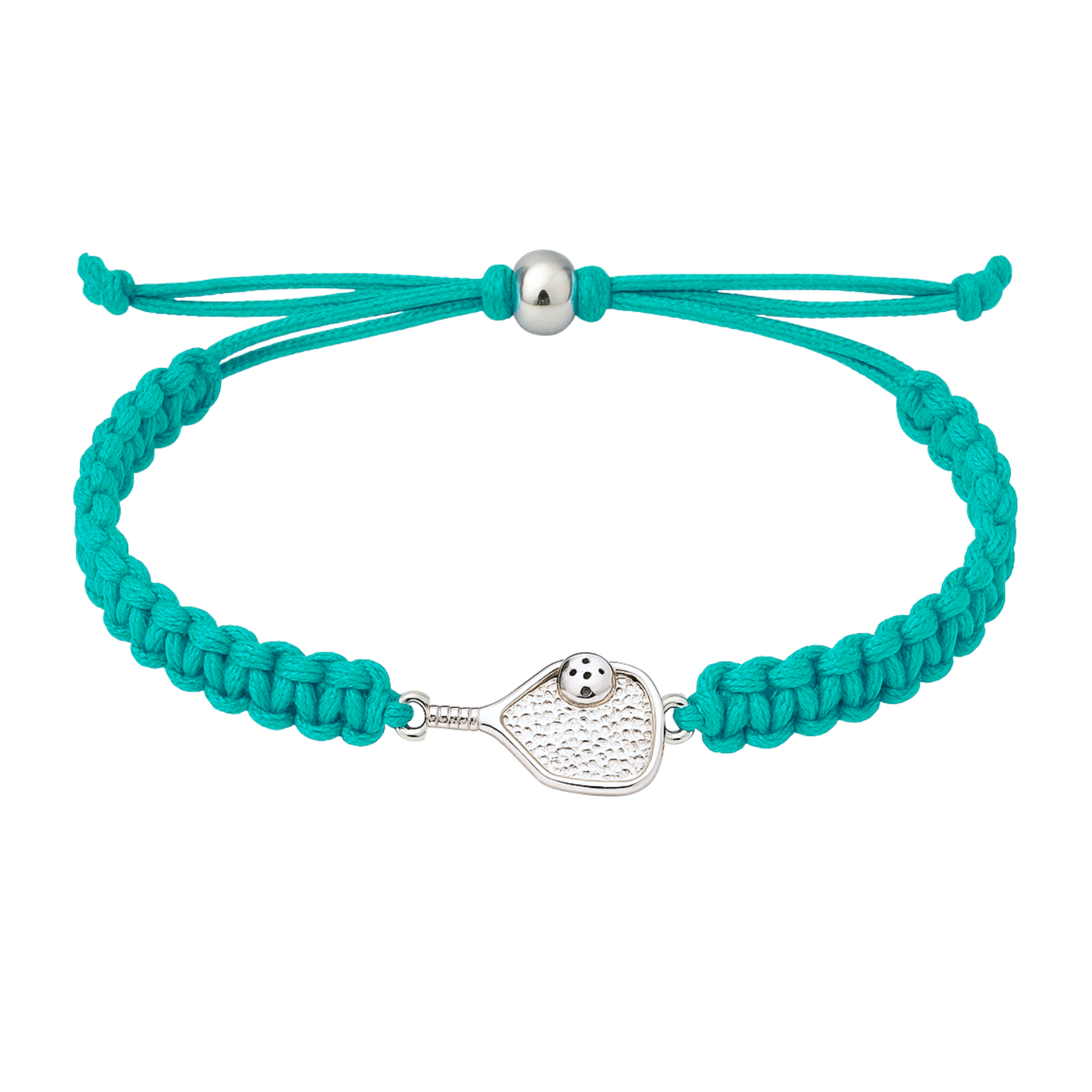 Aqua blue pickleball bracelet with paddle charm and slip knot closure, ideal for tournament gifts