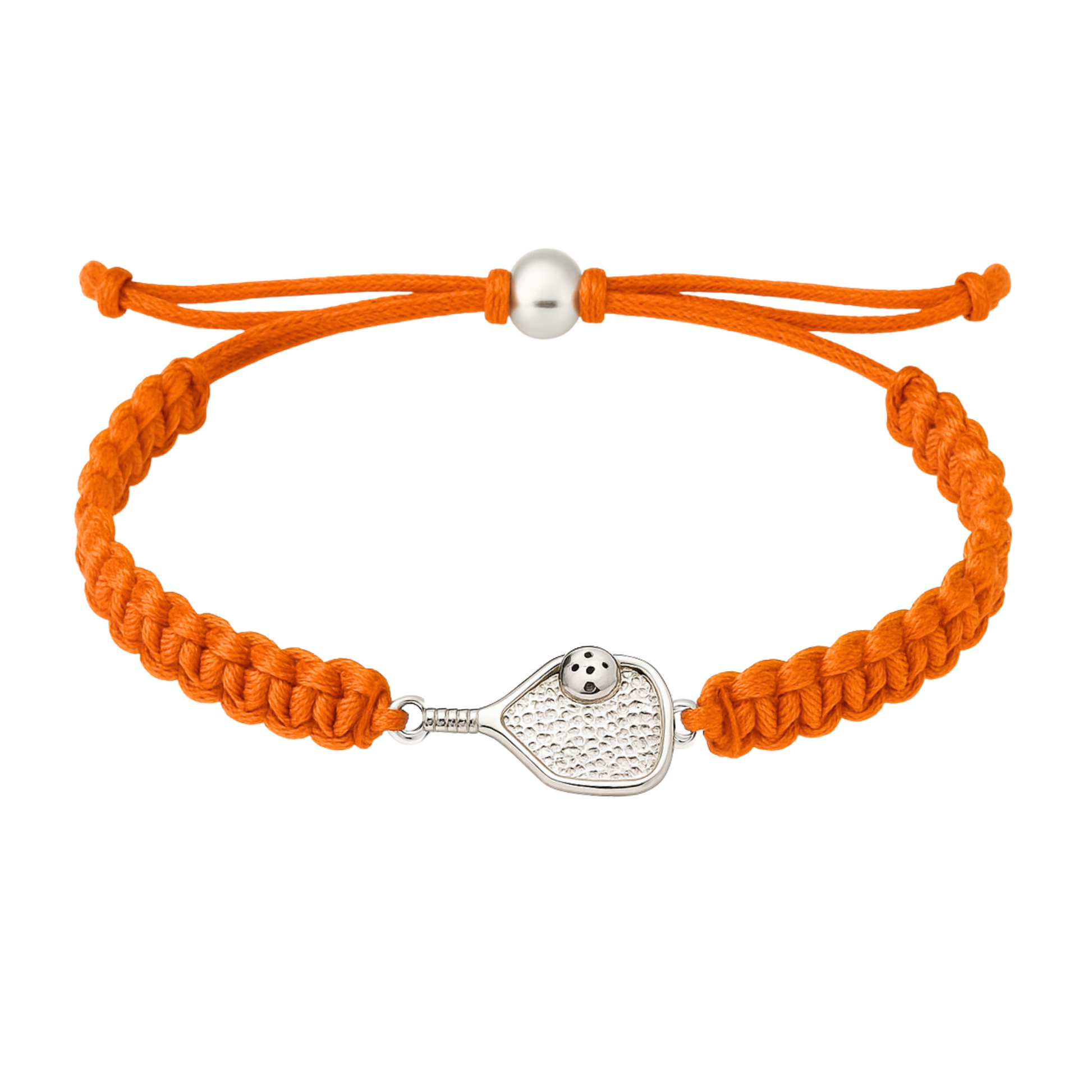 Bright orange pickleball bracelet with adjustable closure and paddle charm centerpiece