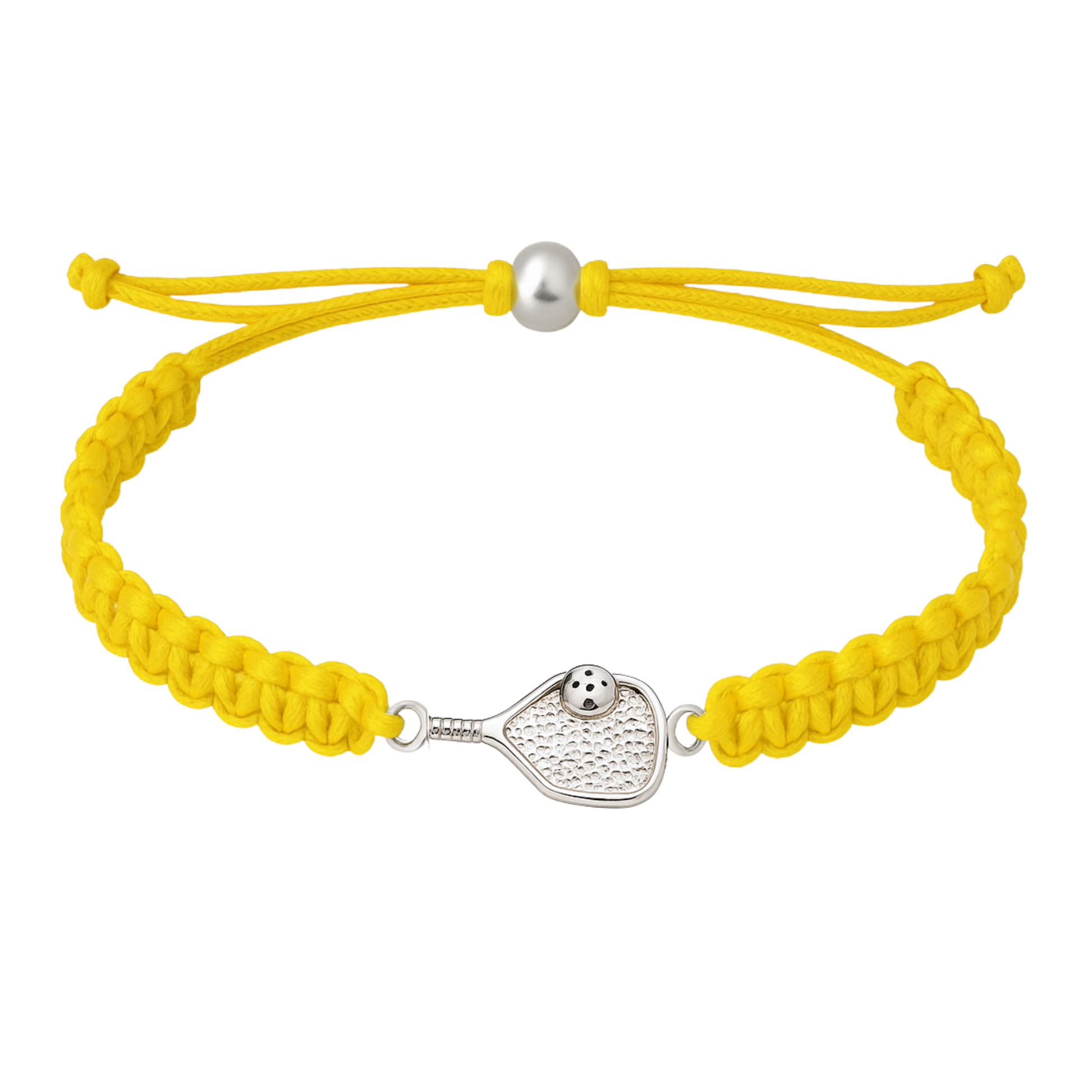 Yellow rope bracelet with paddle charm for pickleball fans, bold and fun sports gift.