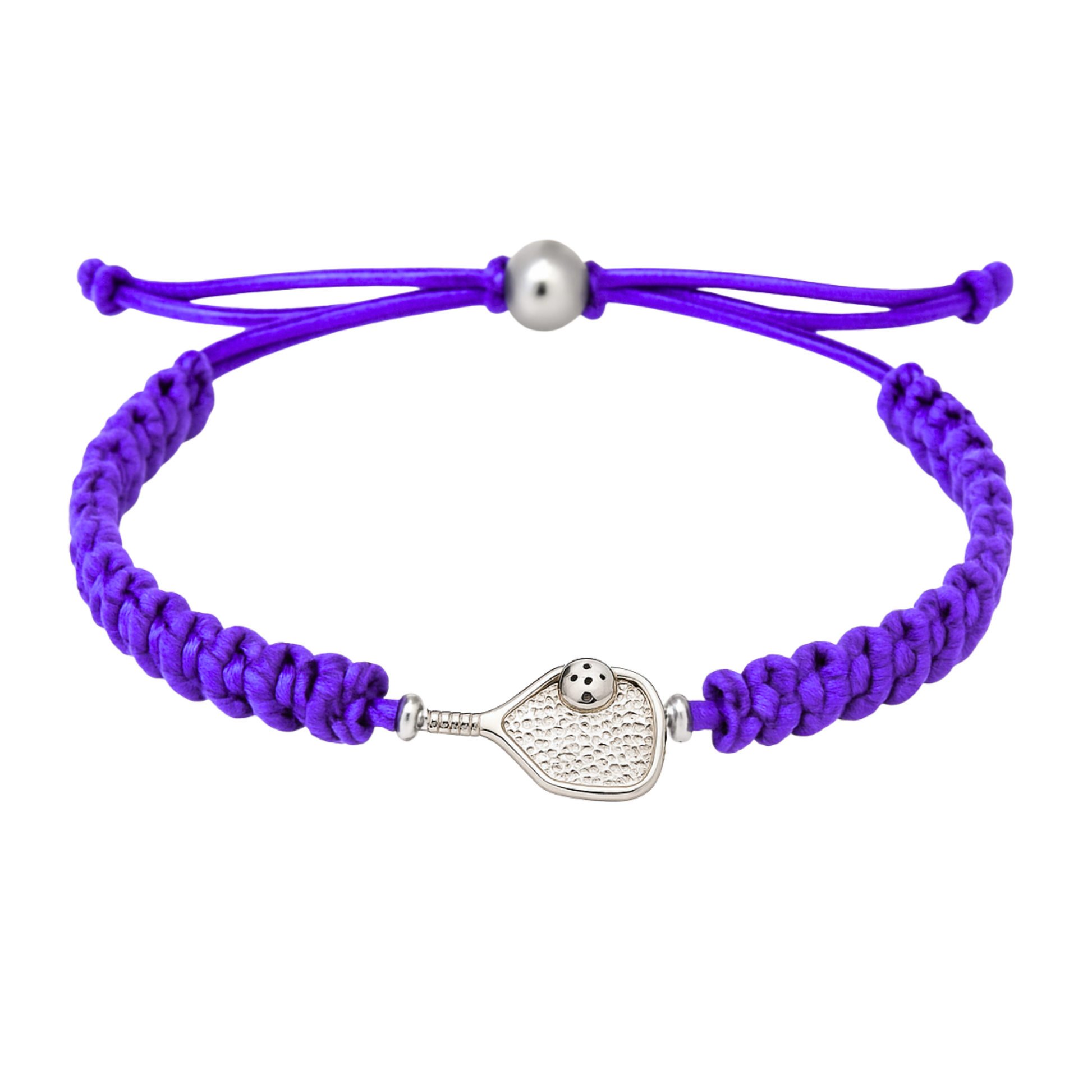 Purple pickleball paddle bracelet with slip knot fit, ideal for youth teams and activewear