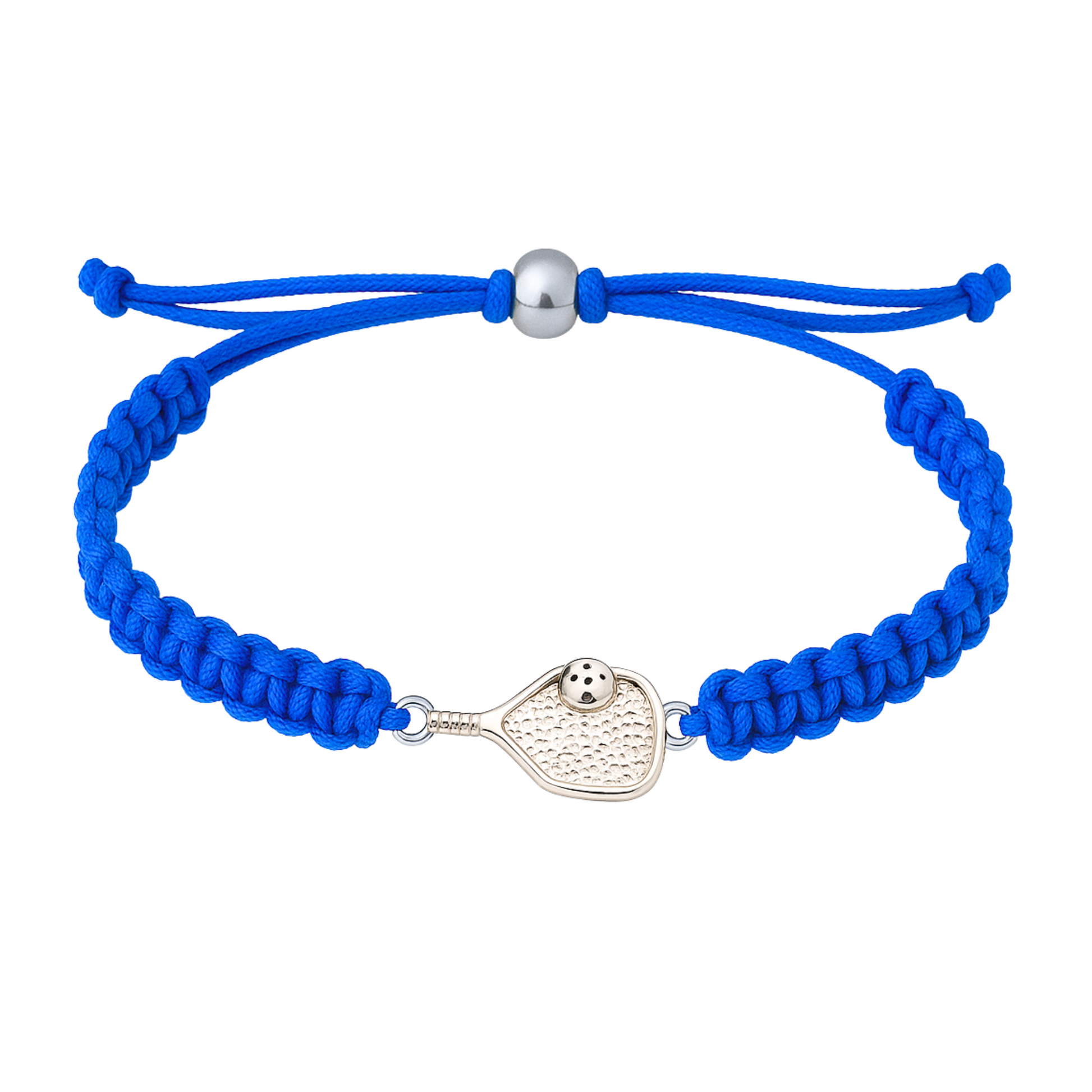 Royal blue braided pickleball bracelet with detailed paddle charm, sporty unisex wristband