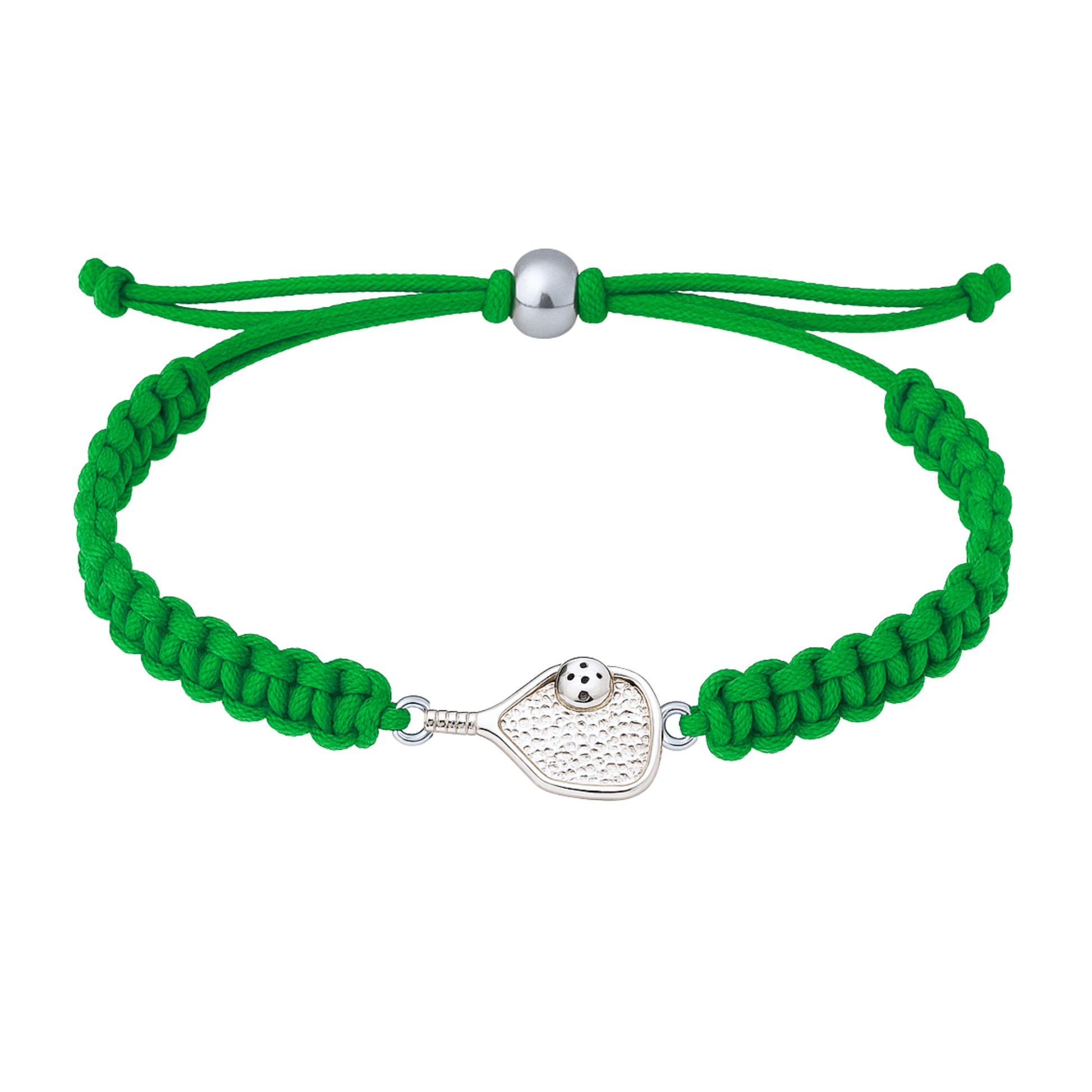 Green pickleball rope bracelet with silver paddle charm, durable and adjustable design