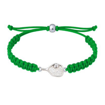 Green pickleball rope bracelet with silver paddle charm, durable and adjustable design