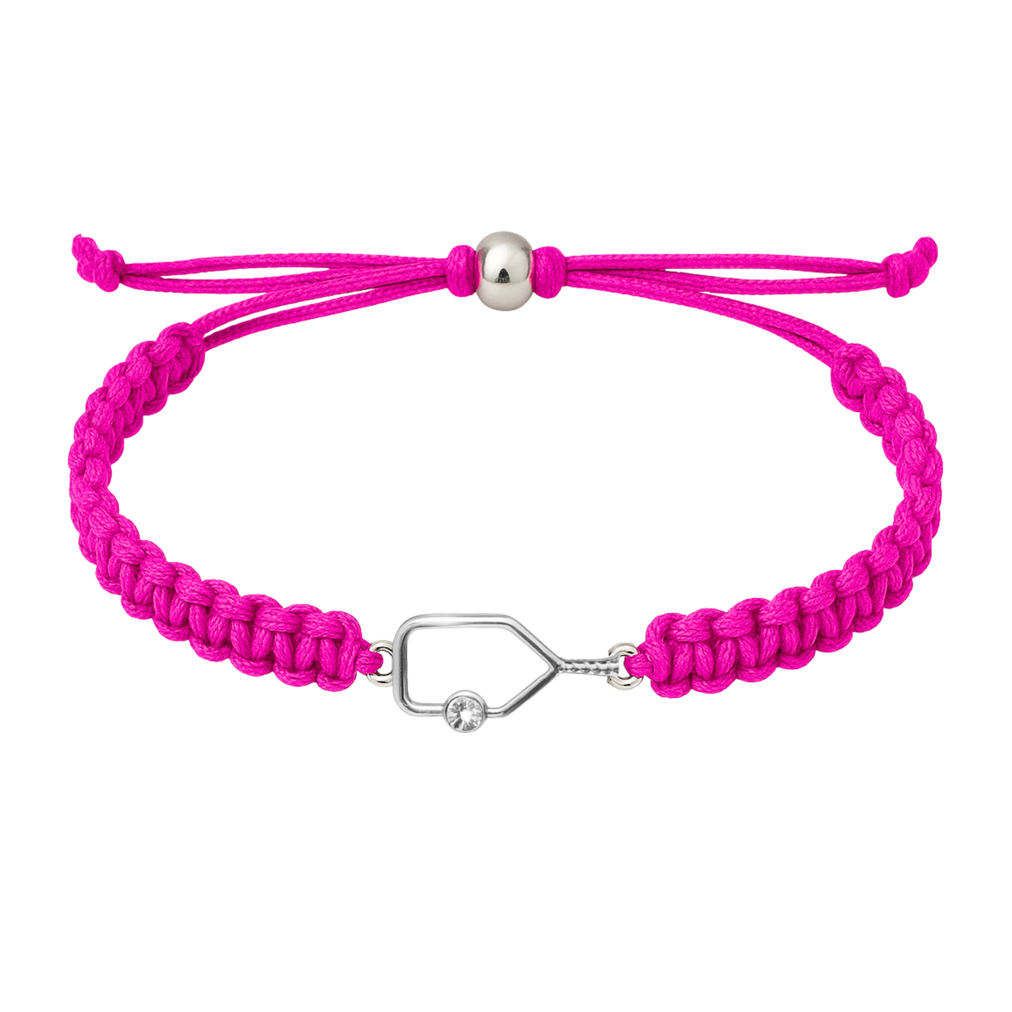 Hot pink adjustable rope bracelet with sparkling paddle charm and sliding closure