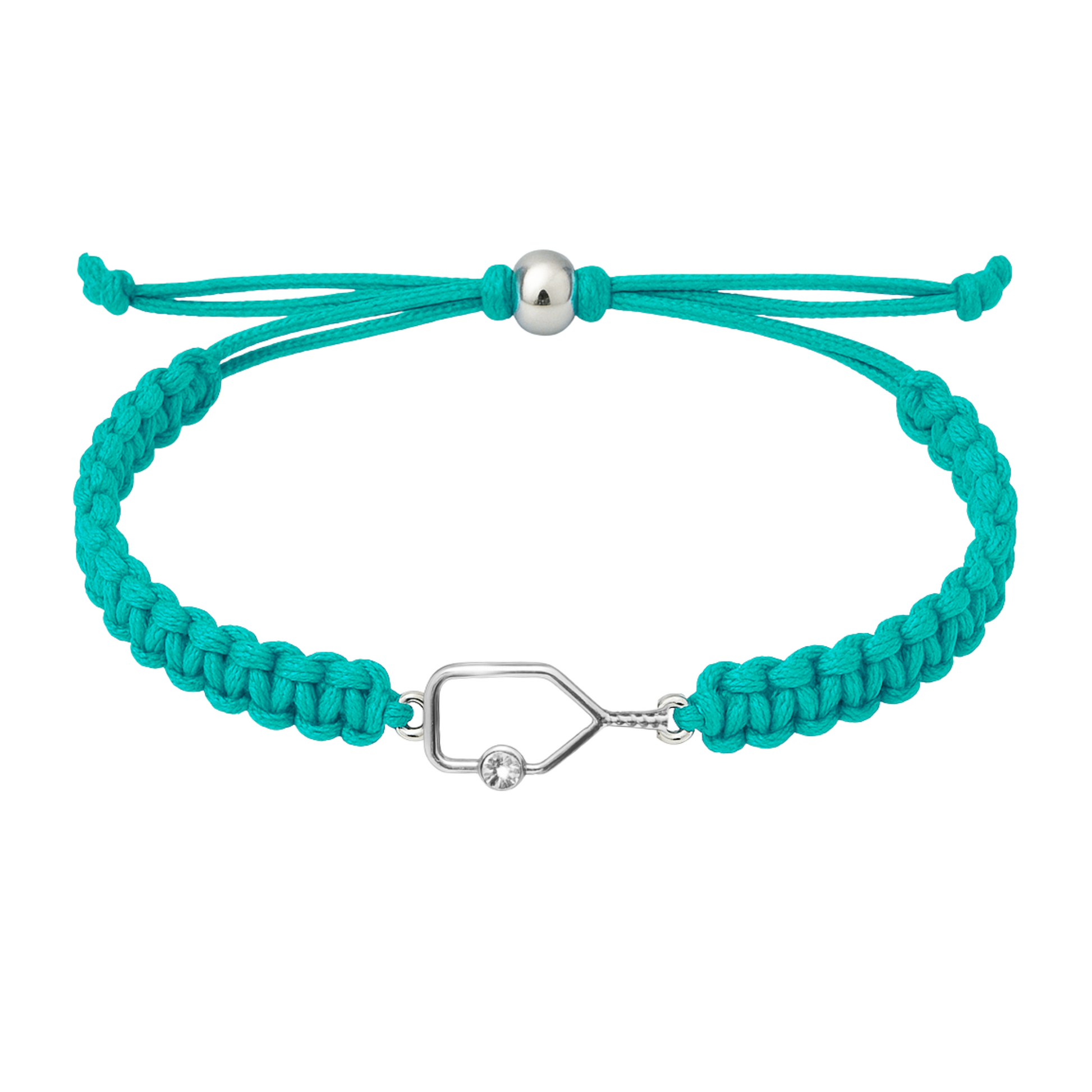 Turquoise rope bracelet featuring sparkling silver pickleball paddle charm and slip-knot design