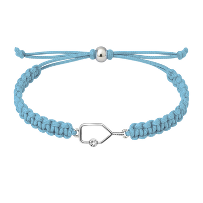 Sky blue adjustable pickleball bracelet with shimmering rhinestone paddle charm