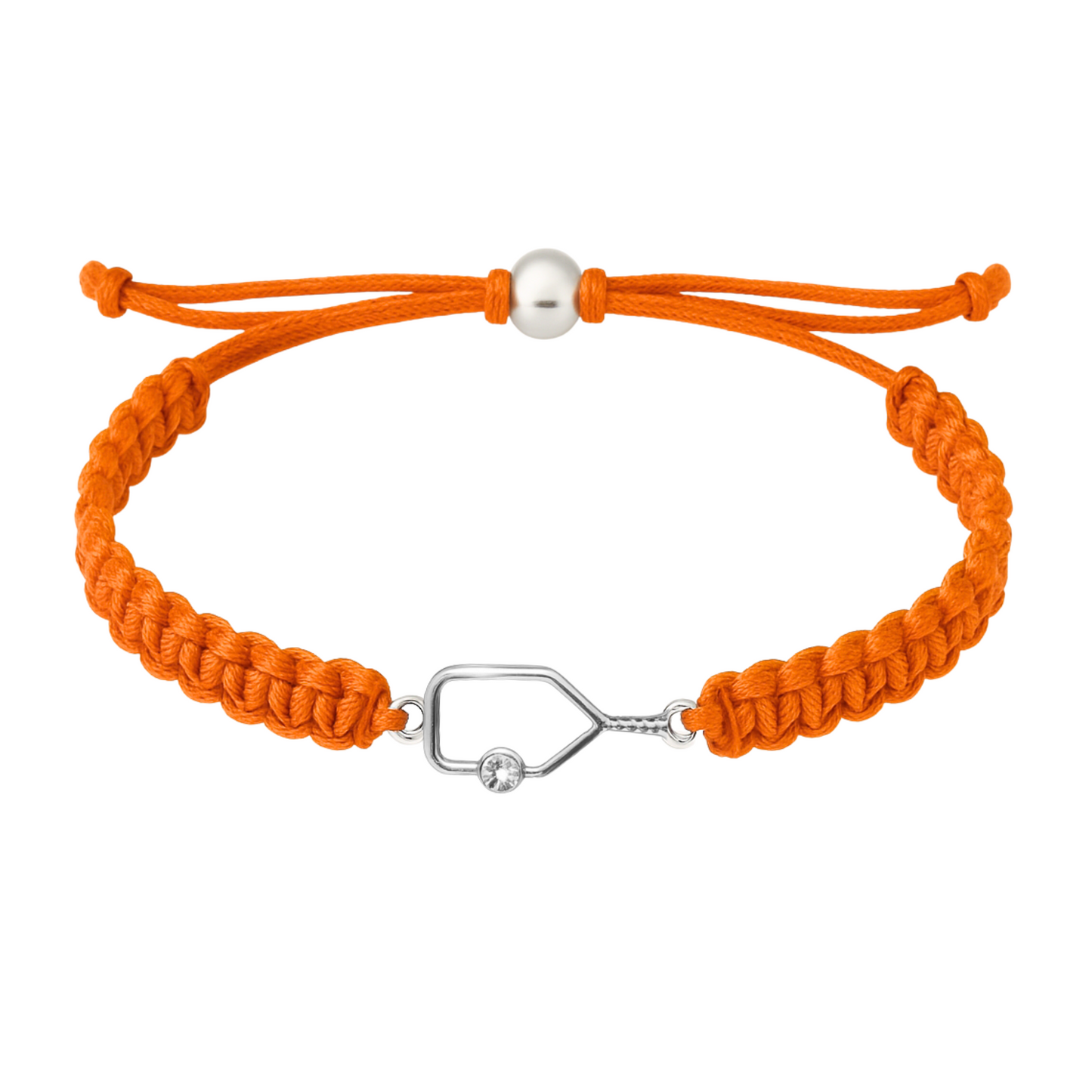 Orange rope bracelet with silver pickleball paddle charm and durable weave