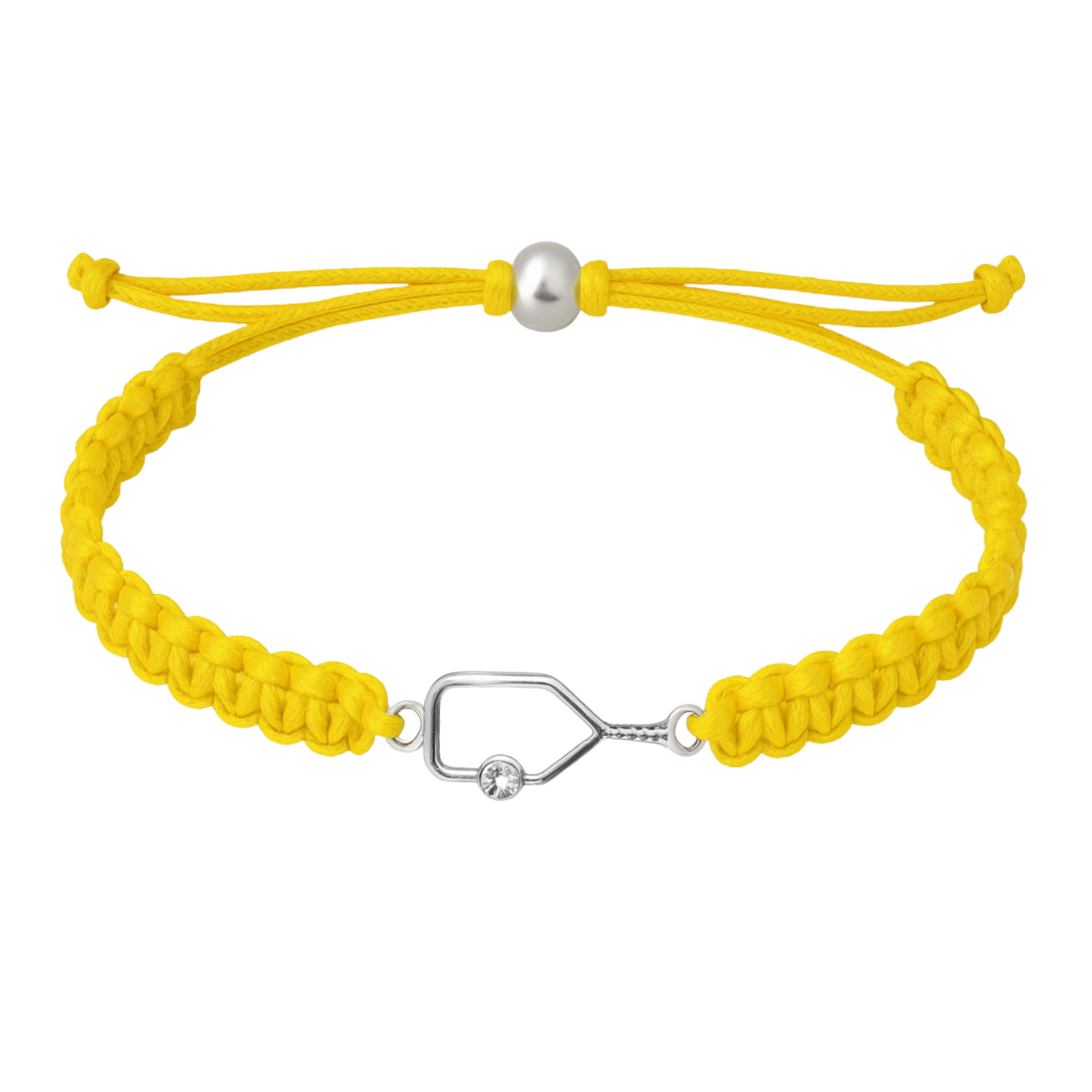 Yellow rope bracelet with silver pickleball paddle charm and bright sporty design