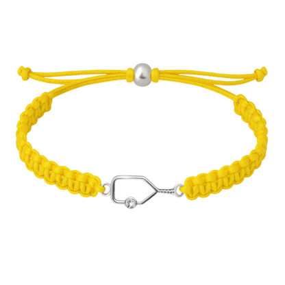 Yellow rope bracelet with silver pickleball paddle charm and bright sporty design